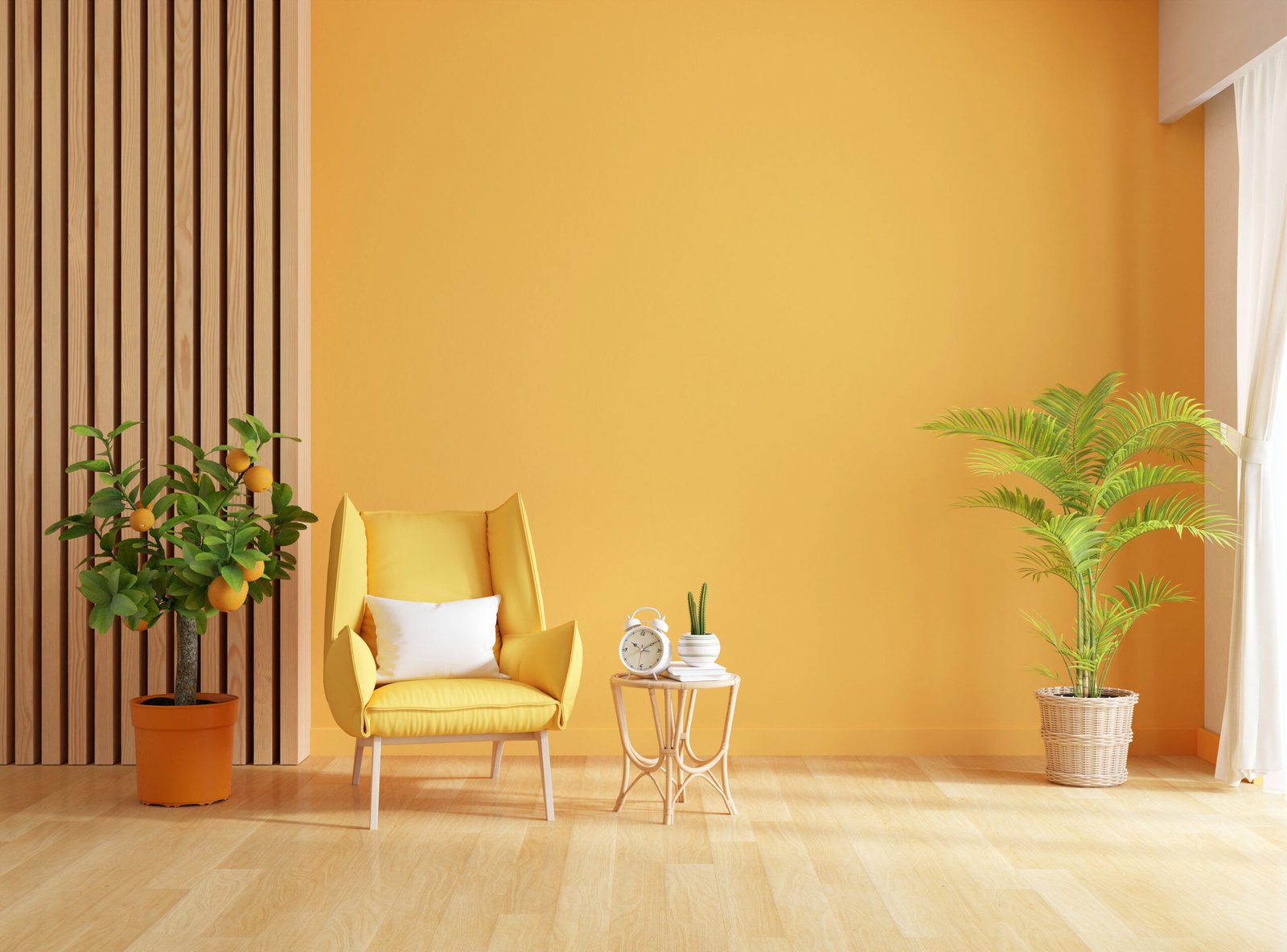 Yellow armchair in living room interior with copy space for mock up, 3D rendering